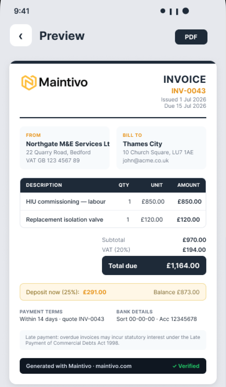 Maintivo branded invoice preview with your logo, line items, VAT, totals and bank details