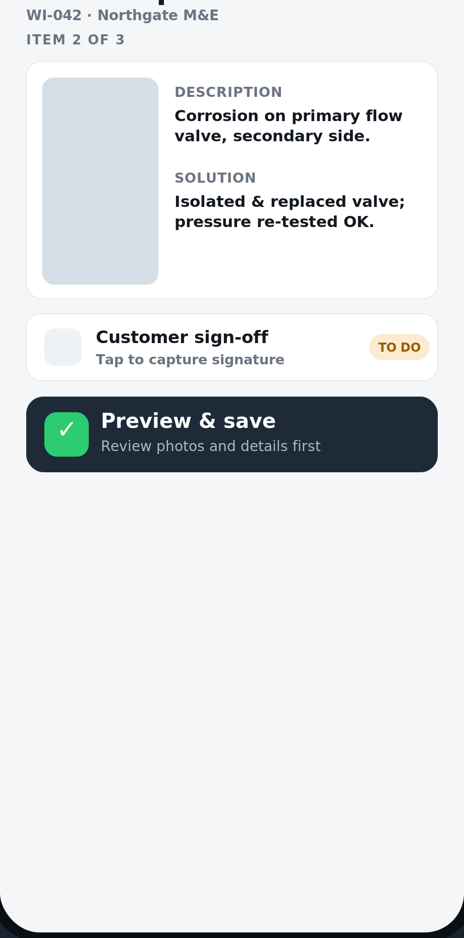 Maintivo new inspection screen, findings, customer sign-off and preview and save