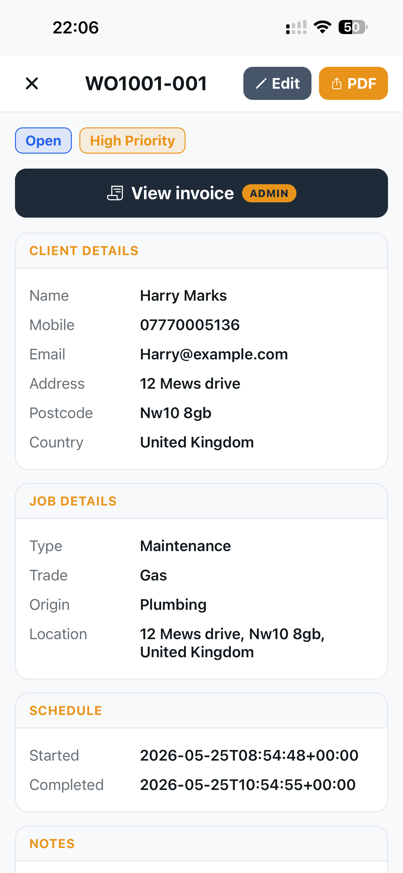 A completed Maintivo work record with client, job details and the signed PDF