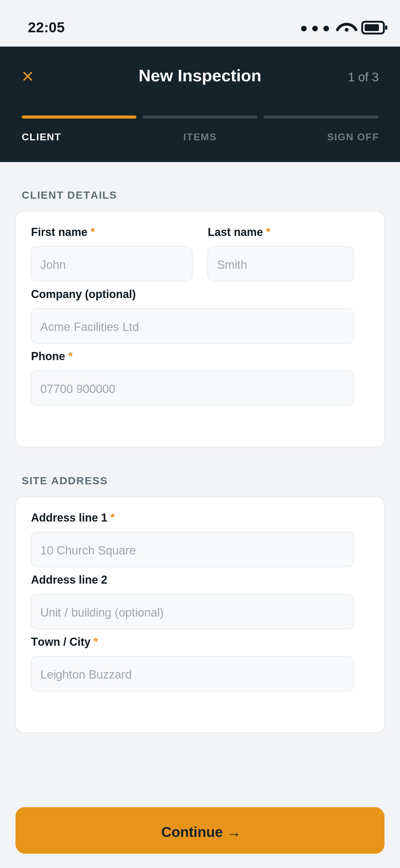Maintivo new inspection, step 1 of 3, client details and site address