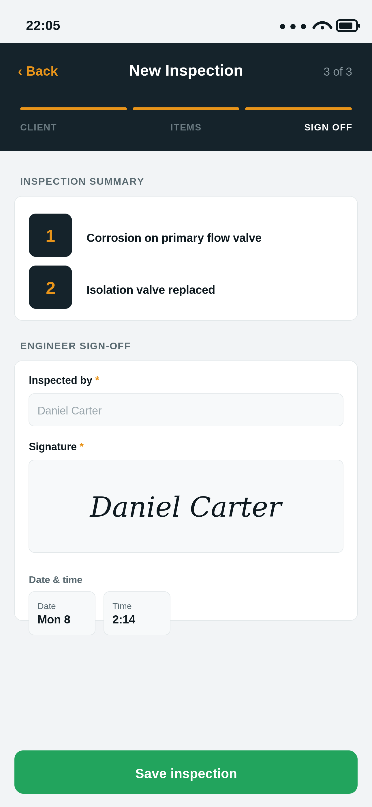 Maintivo new inspection, step 3 of 3, engineer sign-off and signature, save inspection